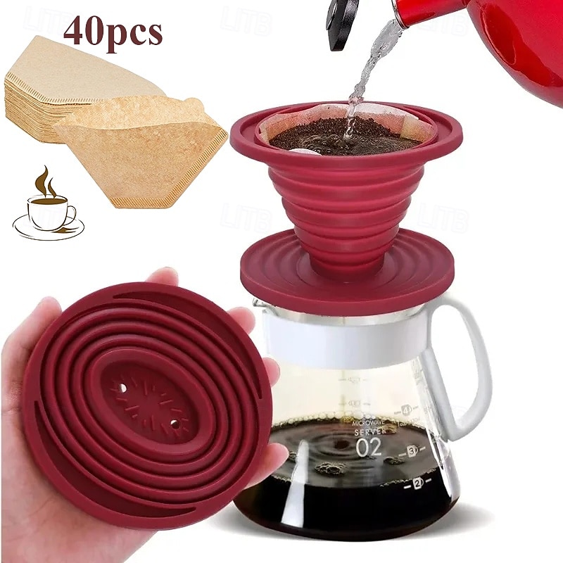 Collapsible Rubber Coffee Filter with 40Pcs Paper Filters - Collapsible Coffee Dripper Easy Red Manual Coffee Brew Maker with 40 Pieces Unbleached Paper Filters Paper Coffee Filter for Home Camping T 2025 - $15.49 –P1