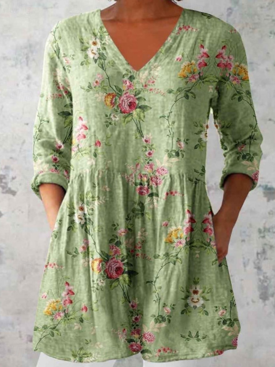 Women's Blouse Floral Graphic Bohemia Vintage Casual Long Sleeve V Neck Regular Tops Daily Going out Pocket Print Wine Blue Fuchsia Green Light Blue Summer 2025 - $29.99 –P1