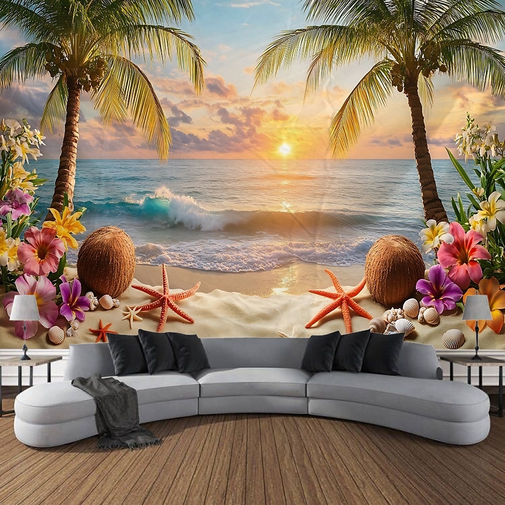 strand hav kokospalmer havutsikt soloppgang landskap billedvev dekorativ kunst teppe gardin hengende hjem soverom stue dekorasjon 2025 - $14.99 –P1