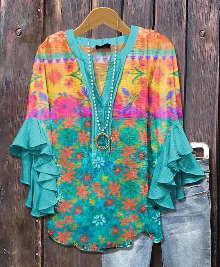 Damenbluse V-Ausschnitt Schicht Rüschennähe Tops Floral Grafik Bohemia Vintage Alltag 3/4 Arm Reguläre Tops Alltag Urlaub Ferienmode Print Gelb Grün Hellblau Sommer Frühling Herbst 2025 - $29.99 –P1