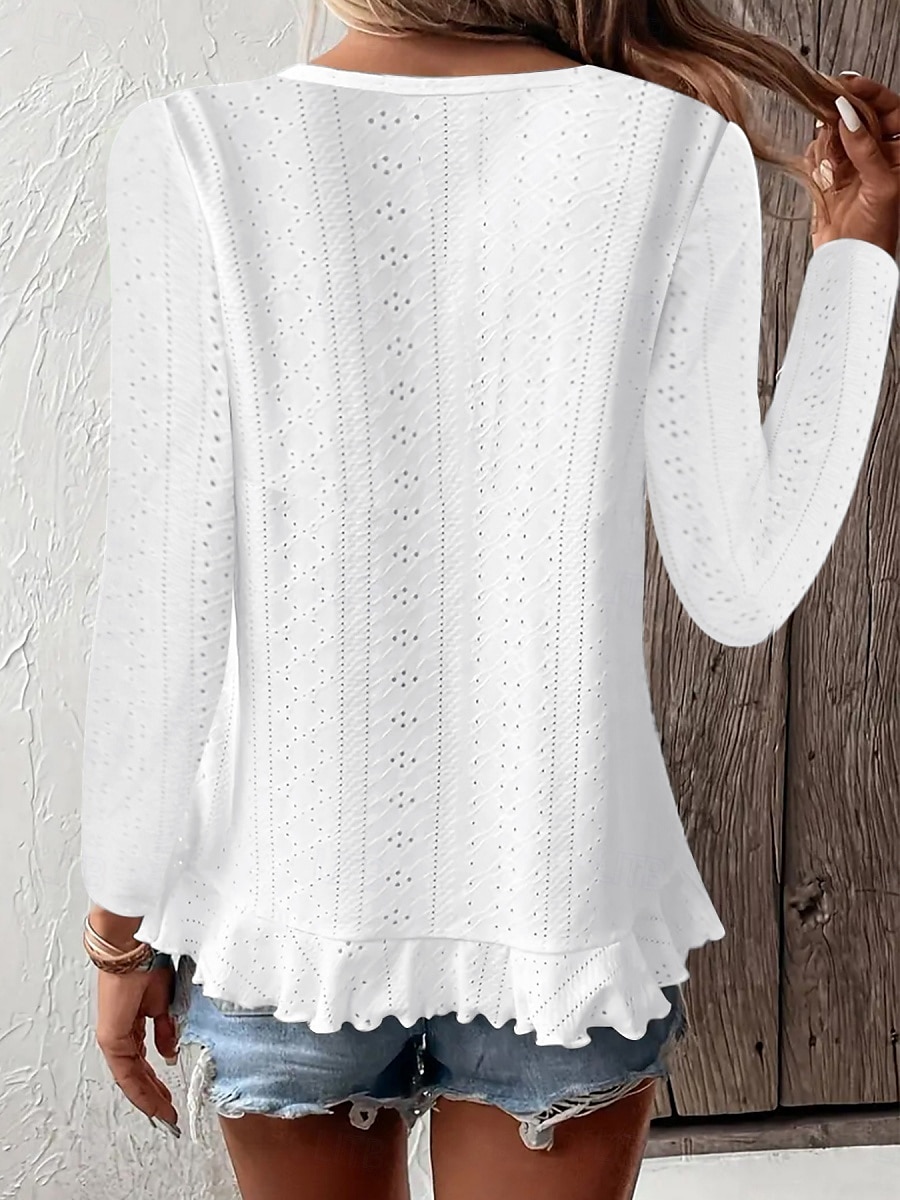 Dame Bluse Helfarge Stilfull Fritid Langermet Crew-hals Vanlige topper Daglig Drapering Snørehull Hvit Gul Blå Grønn Sommer Vår 2025 - $17.99 –P4