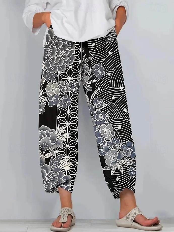 Damen Weites Bein Chinos Baggy-Hosen Urlaub Vintage Ethno-Stil Volle Länge Hohe Taille Blumen Grafik Drucken Thermowarm Atmungsaktiv Weich Mikroelastisch Urlaub Straße Lässig Dunkelgrau Rubinrot 2025 - $20.99 –P5