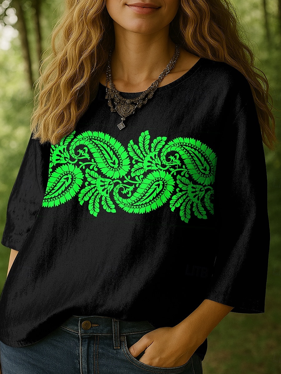 Damen Bluse Grafik Paisley-Muster Bohemien Tropisch Lässig Dreiviertelarm Rundhalsausschnitt Normale Oberteile Täglich Ferien Urlaubskleidung Druck Weiß Blau Purpur Grün Sommer Frühling 2025 - $27.99 –P6