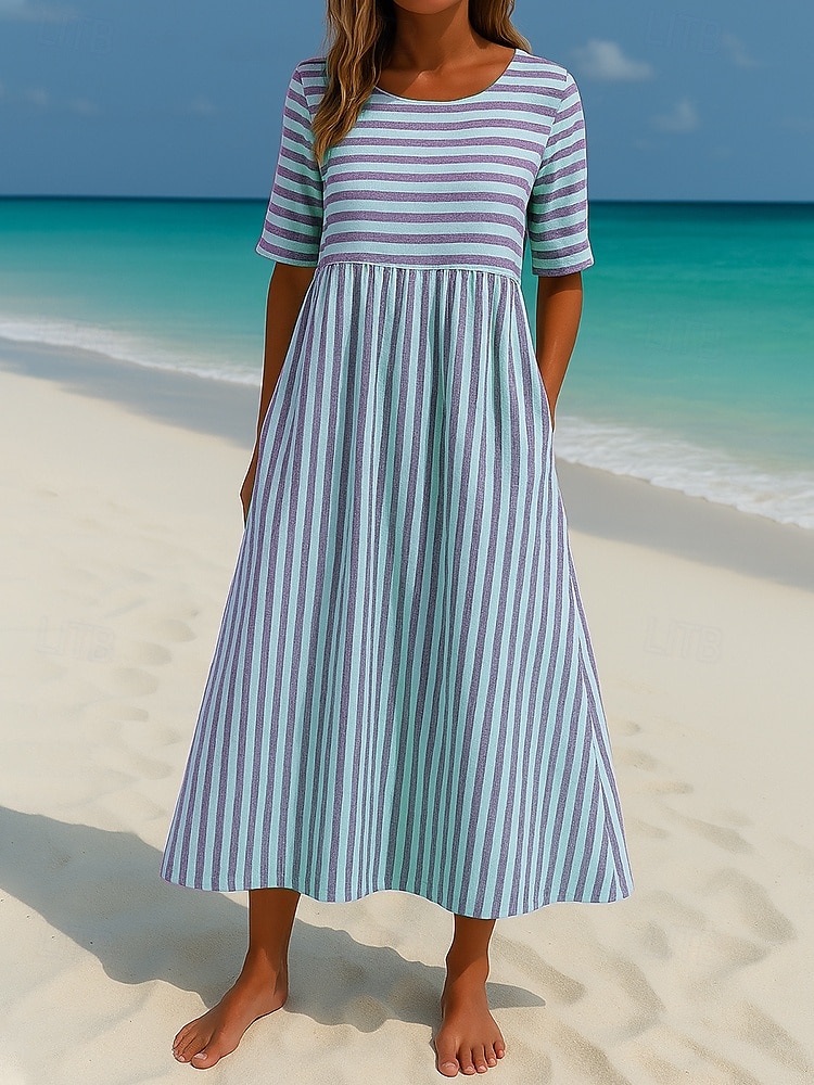 Pentru femei Rochie Maxi Rochie de Vară Casual Zilnic Rochie de toamna Potrivire Largă Dungi Manșon scurt Stil Nautic Albastru celest Cămilă Mov Trifoi Toamnă 2025 - $25.99 –P4