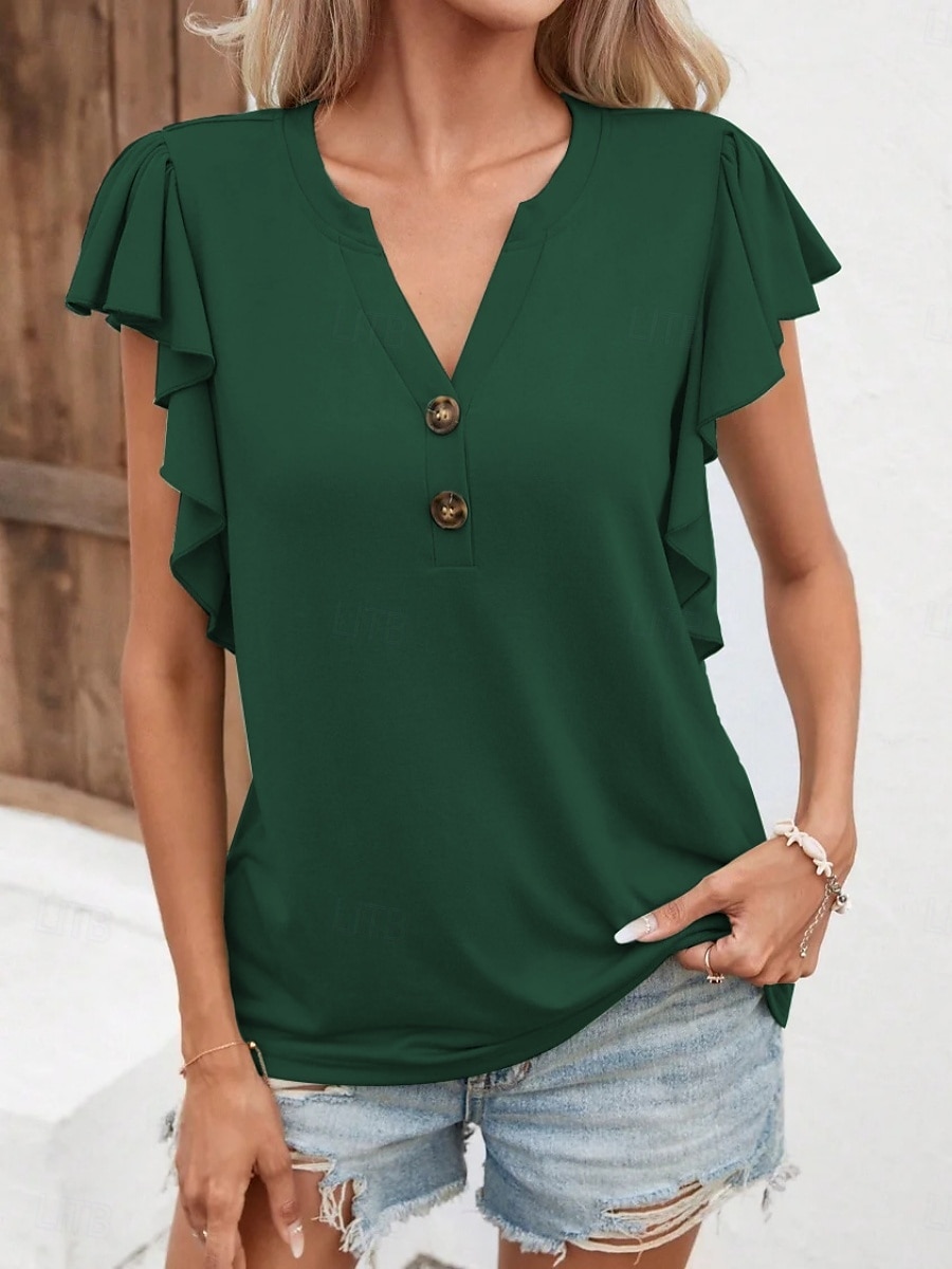 Damen T Shirt Einfach Mode Modern Lässig Kurzarm V Ausschnitt Normale Oberteile Täglich Wochenende Rüsche Knöpfe Weiß Blau Dunkelgrün Grün Grau Sommer 2025 - $13.99 –P9