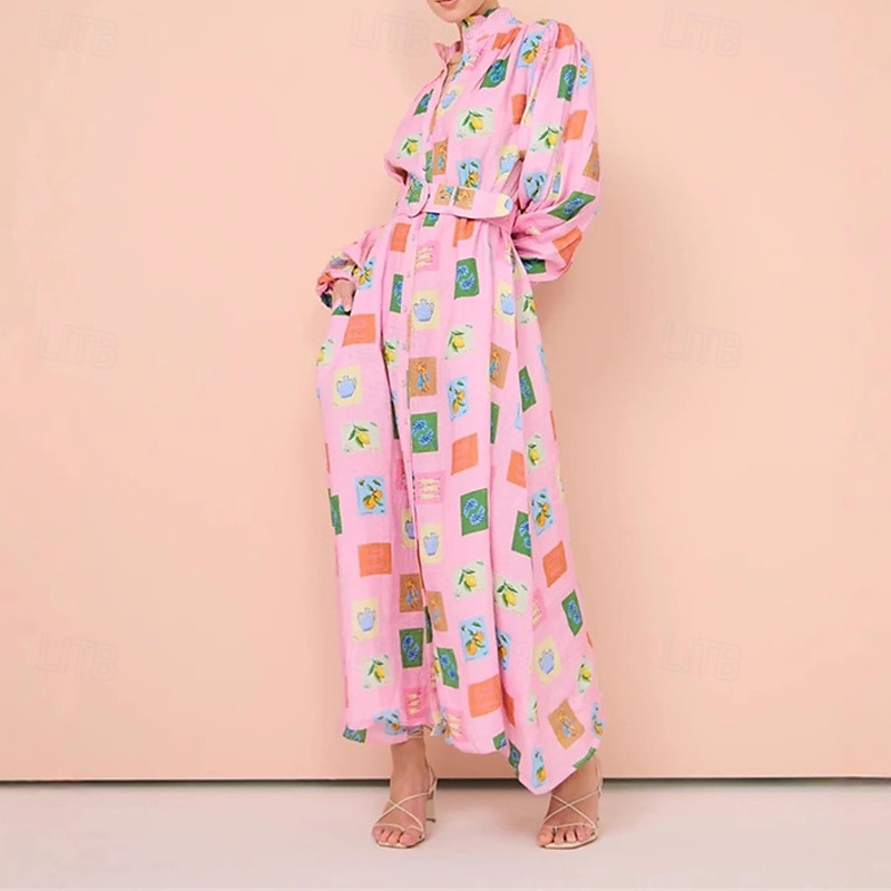 Per donna Abito Lungo Maxi Abito Abiti in cotone e lino Vestito Casual Moda All'aperto Feste Ferie Vestibilità regolare Dipinto Manica Lunga Colletto a Camicia Rosa Estate del 2025 a $46.99 –P4