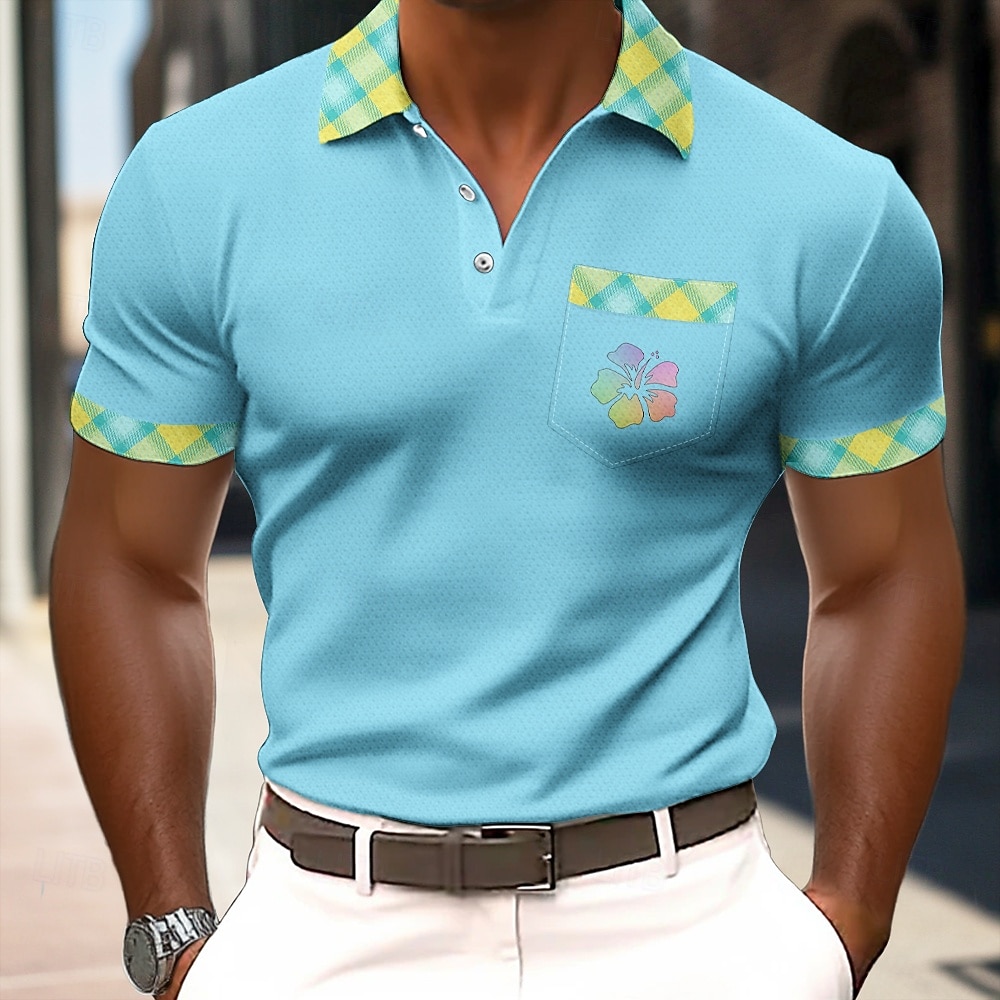 Men's Graphic Waffle Polo Shirts Textured Short Sleeve Polo Shirts Collared Shirts Business Casual Business Daily Wear Pocket 3D Print Buttons Summer Blue Yellow Green 2026 - $24.99 –P3