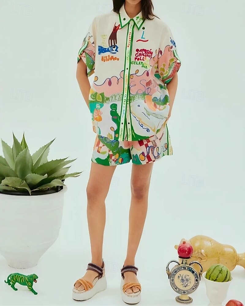 Femmes Mode Streetwear Chemises en coton et lin Ensembles en coton et lin Ensembles de Shorts Manche Courte Col de chemise Graffiti Imprimé Tenue quotidienne Date Vert Été Coupe régulière de 2025 ? $29.99 –P2