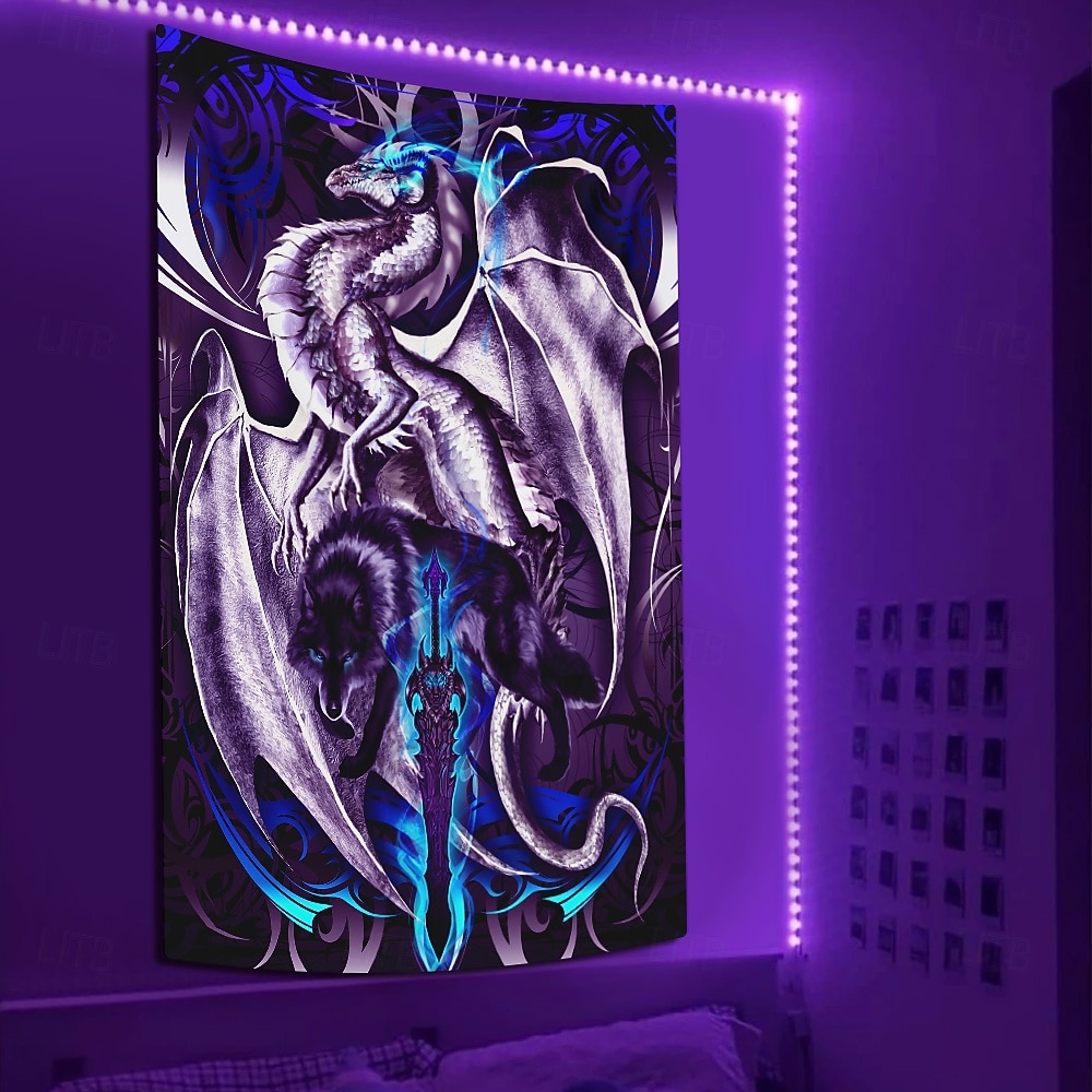 Ruth Thompson mustanvalokehys matto hohtoa pimeässä juhlan UV-herkkä trippy sumu riippuva matto seinätaide mural olohuoneeseen makuuhuoneeseen Dragonblade OMEGABLADE HIGH REZ 2025 - $16.99 –P2