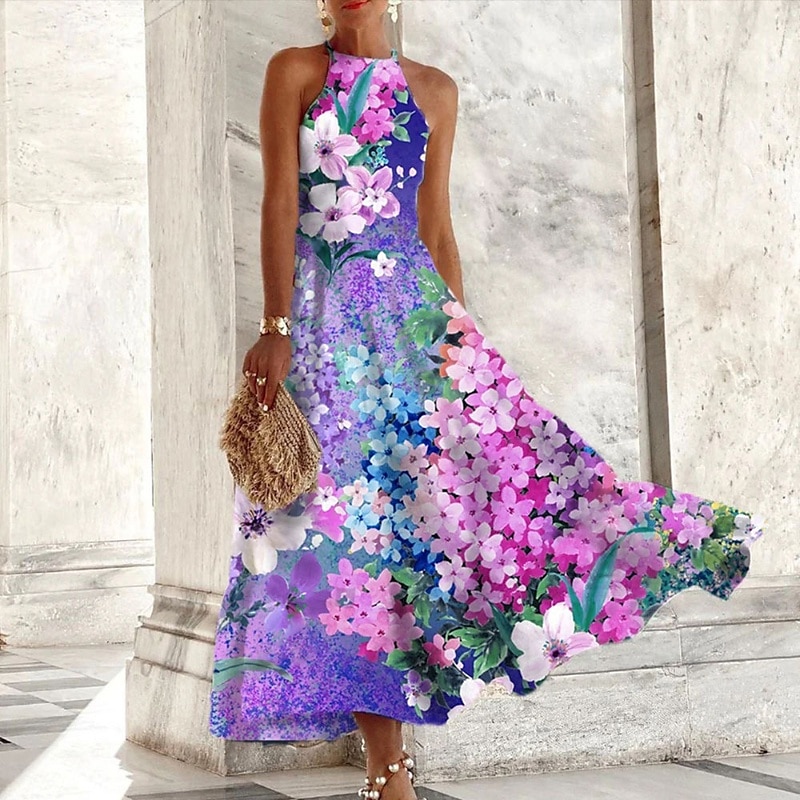 Pentru femei Rochii Midi Rochie florala Rochie cu decolteu Rochie imprimata Modă Modern În aer liber Vacanță Concediu Fit regulat Floare Fără manșon Gâtul halter Mov Vară 2025 - $25.99 –P1