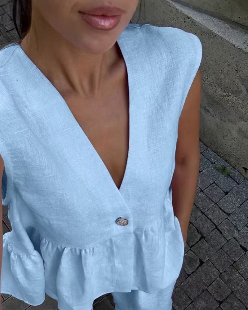 Damen Aktiv Mode Baumwoll-Leinen-Hemden Bluse Hosen-Sets Ärmellos V Ausschnitt Einfarbig Dubbele Rij Knopen Urlaub Alltagstauglich Schwarz Rosa Leicht Blau Sommer Normale Passform 2025 - $36.99 –P8