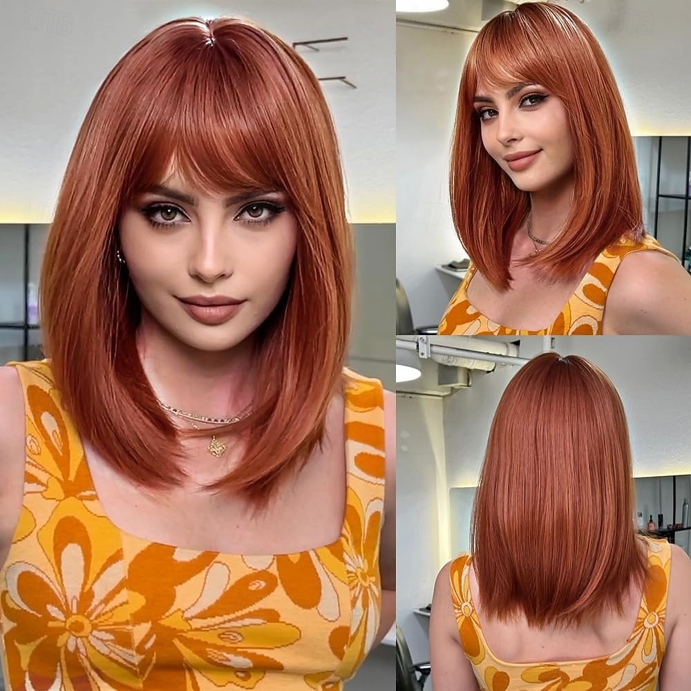 2026年 女性用ミディアムロングヘアウィッグ、ダークブラウンボブウィッグ、フリンジ付き、ナチュラルストレートヘアウィッグ、ハロウィン仮装コスプレ用16インチ  コレクション – $24.99 –P10