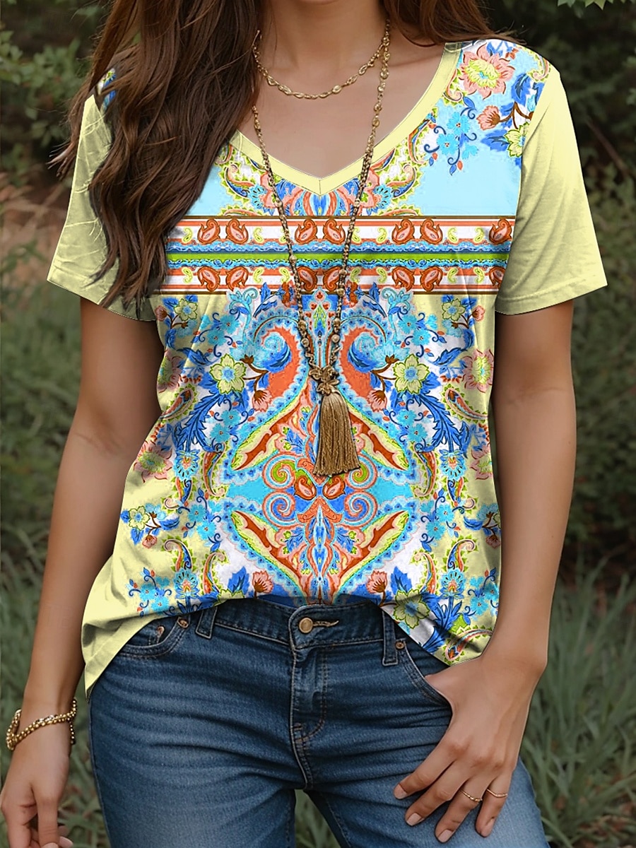 Pentru femei Tricou Floral Grafic Imprimeu Paisley Epocă Stilat Casual Manșon scurt În V Topuri obișnuite Zilnic Imprimeu Galben Roz Îmbujorat Albastru piscină Mov Vară 2025 - $19.99 –P6