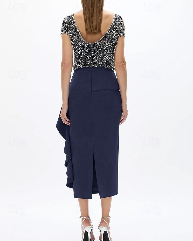 Meerjungfrau/Trompete Kleid für die Mutter der Braut, elegante Party, schlichter U-Boot-Ausschnitt, knielang, Midi-Länge, Krepp, kurze Ärmel mit Perlen, Rüschen 2025 2025 - $149.99 –P3