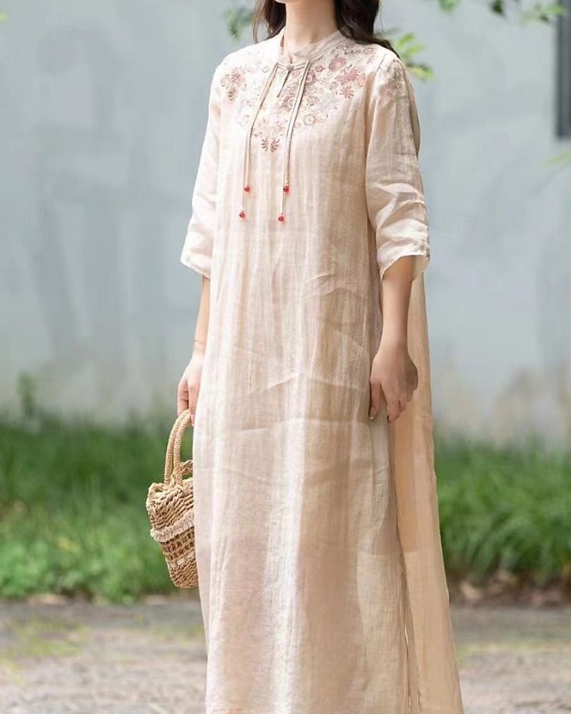 Pentru femei Rochii Midi Rochie din in bumbac Rochie florala Modă Modern Vacanță Zilnic Concediu Fit regulat Floare Manșon Jumate Guler de stand Roz Îmbujorat Albastru piscină Trifoi Caisă Vară 2025 - $28.99 –P20