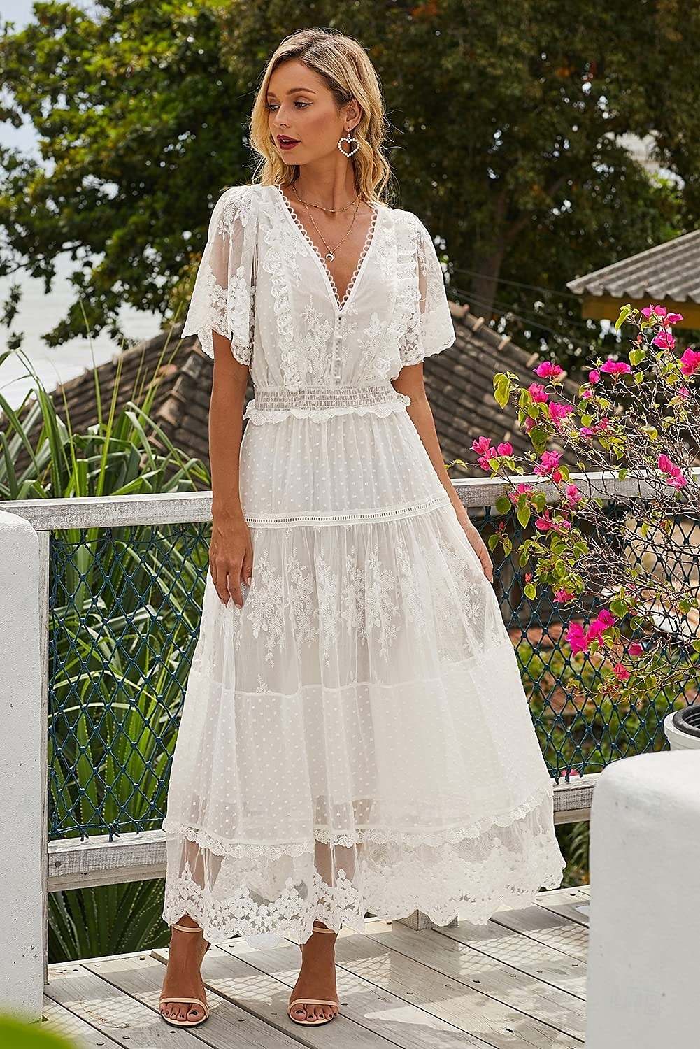 Women's Maxi long Dress White Dress Lace Dress Holiday Dress Swing Dress Elegant Romantic Boho Vacation Holiday Date Regular Fit Pure Color Short Sleeve V Neck White Summer Spring 2025 - $51.99 –P4