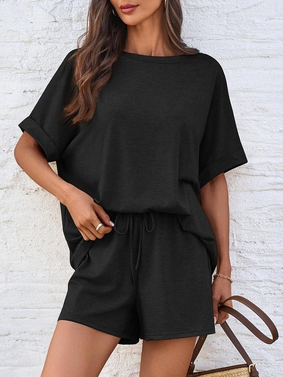 Dam Set med shorts Bolero Top Kortärmad Rund hals Ensfärgat Snörning Mode Streetwear Ledigt Dagligen Utomhus Blå Svart Brun Sommar Lös passning 2026 - $31.99 –P8