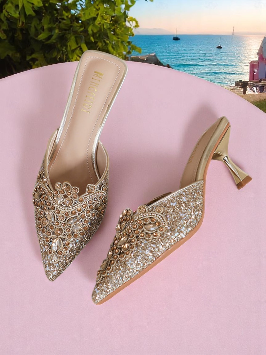 Damen-Pantoletten mit goldenen Pailletten – spitze Schlupfschuhe mit Strass-Details für glamouröse Cocktail-Events 2025 - $42.99 –P1