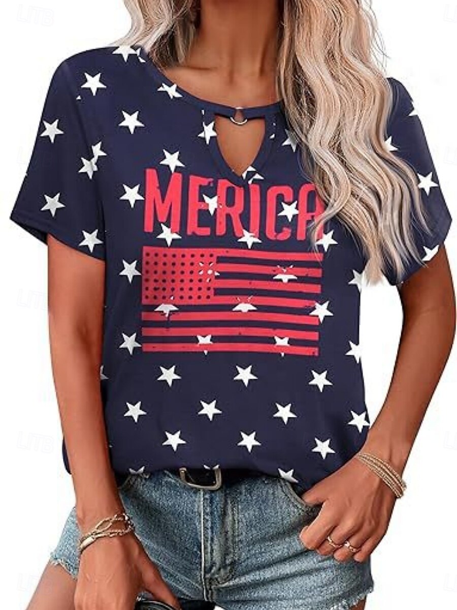 Vrouwen Blouse Vlag Stijlvol Casual Korte Mouw Crewneck Regelmatige Tops Dagelijks Print Zwart Rood Marineblauw Zomer 2025 - $19.99 –P11