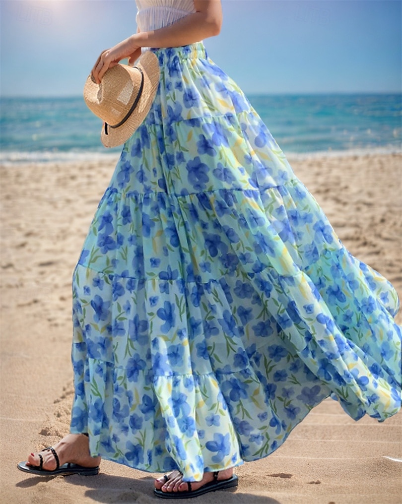 Dame Asiatisk størrelse الالتفاف Huske Lang Lengde Høst Maksi Høyt liv Skjørt Blomstret Fargeblokk Multi Layer Chiffon Trykt mønster Mikroelastisk Feriereise Fritid / hverdag Hvit Rosa Rød Blå Sommer 2025 - $27.99 –P1