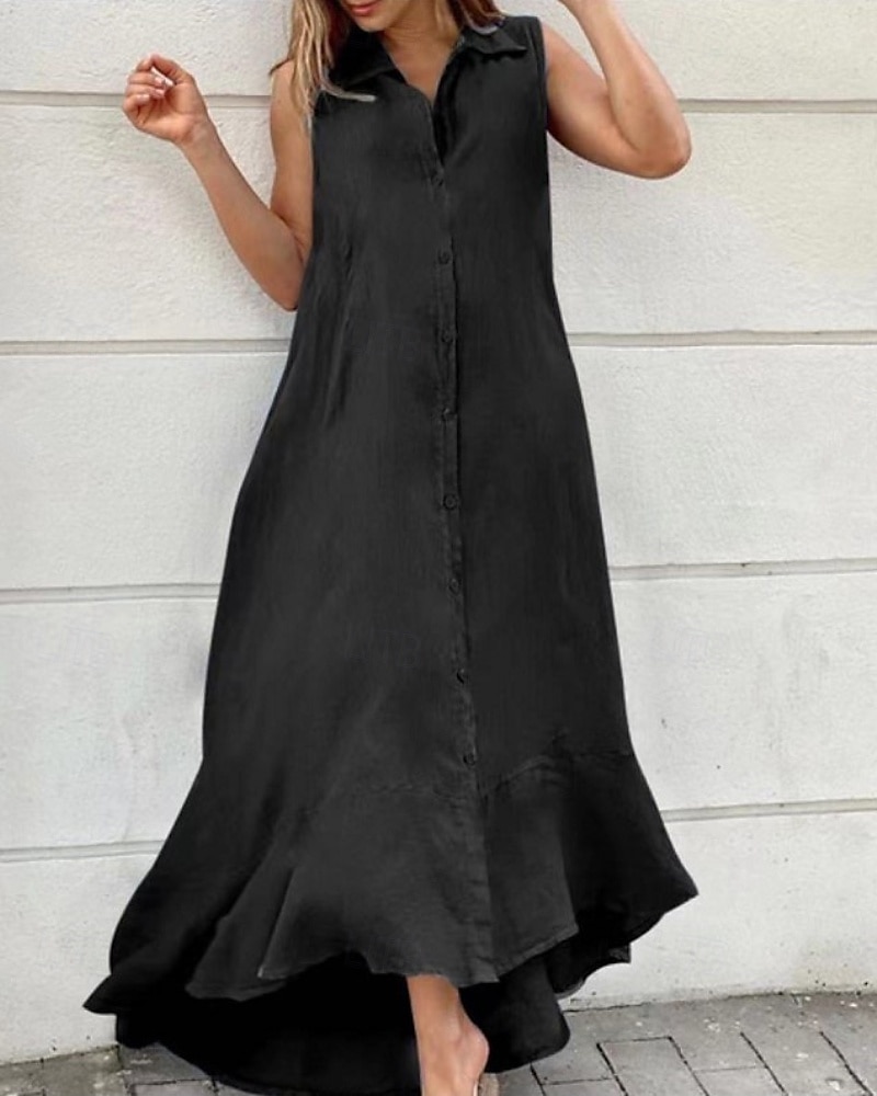 Pentru femei Rochie Lunga Rochie Maxi Rochii Tip Cămașă Rochie din in bumbac Clasic Modern În aer liber Concediu Ieșire Fit regulat Simplu Fără manșon Guler Cămașă Negru Alb Vară 2025 - $32.99 –P1