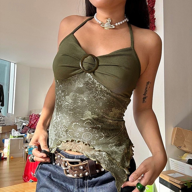Pentru femei Cămașă Boho Bluză Floare Modern Boho Fără manșon Gâtul halter Topuri obișnuite Zilnic Concediu Ieșire Imprimeu Maro Trifoi Vară 2025 - $21.99 –P4