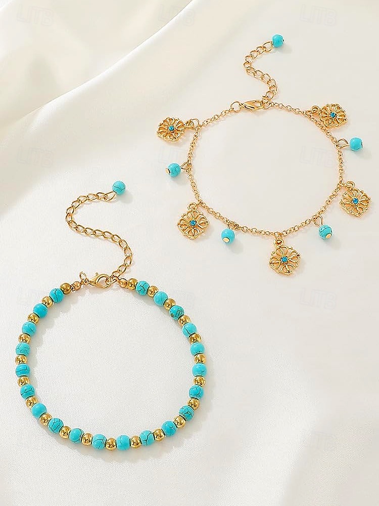 Tobillera con cuentas turquesas para mujer y dijes chapados en oro: joyería bohemia de playa para vacaciones de verano y festivales. 2025 - $7.99 –P4