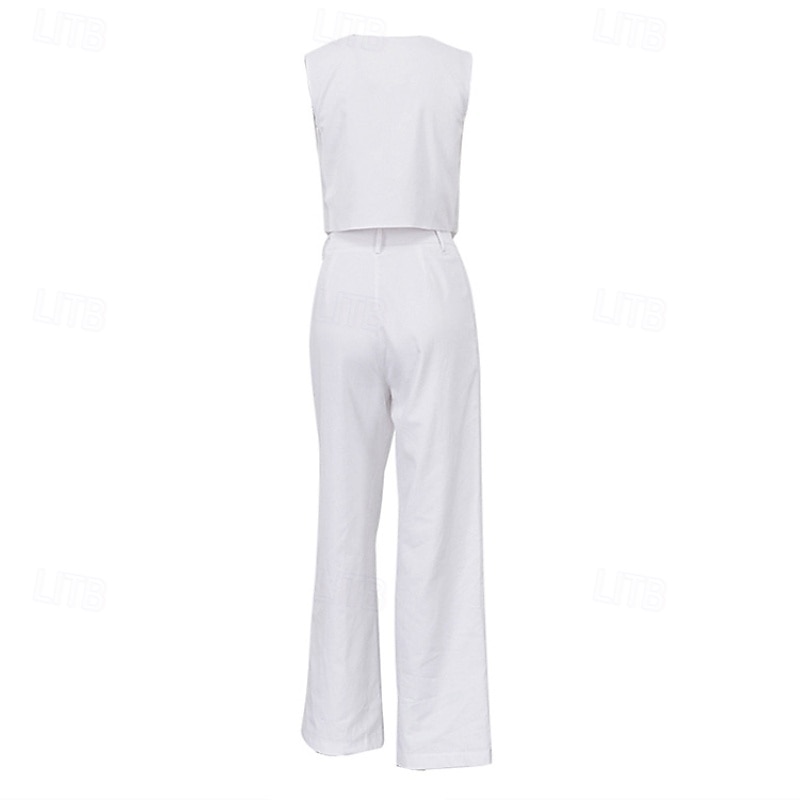 Women's Active Fashion Blouse Pants Sets Sleeveless V Neck Solid Color Dubbele Rij Knopen Daily Casual Daily Black White Pink Summer Regular Fit 2025 - $45.99 –P6