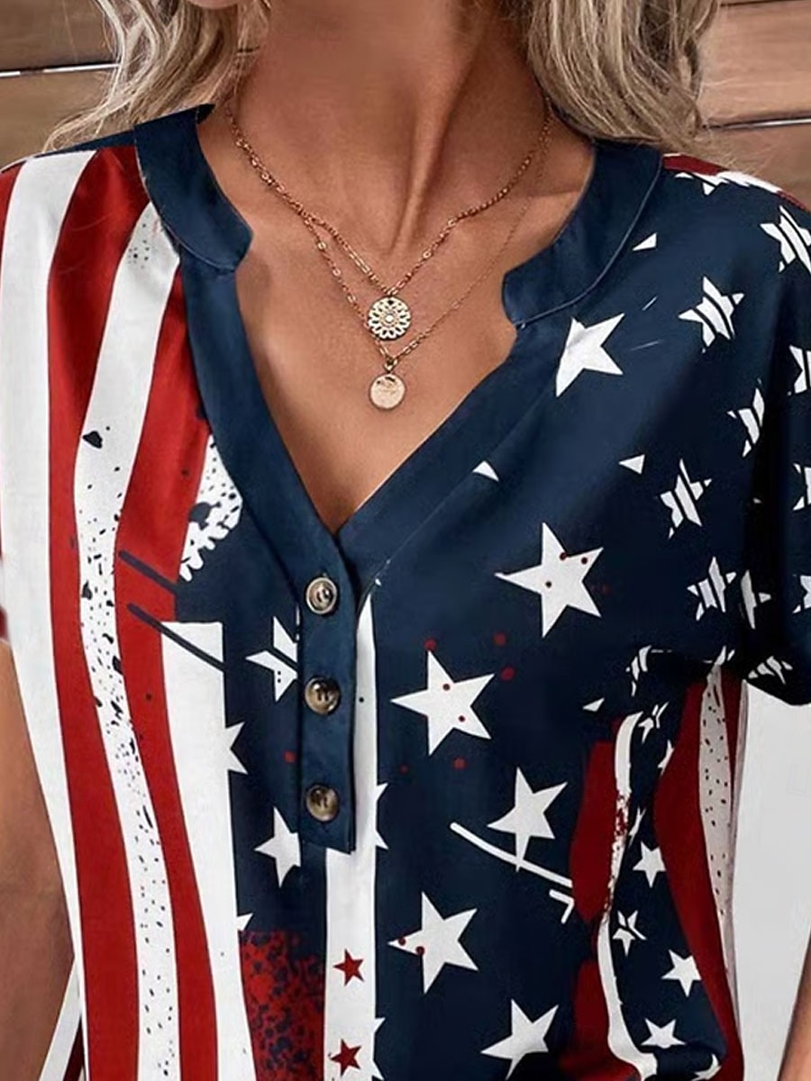 Jour de l'Indépendance Patriote T-shirt Femme Graphique Drapeau Vintage Élégant Décontracté Manches Courtes Col en V Tops Quotidien Week-end Impression Bleue Été de 2026 ? $21.99 –P2