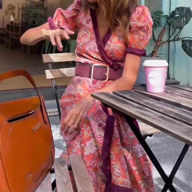 Mulheres Vestido Longo Vestido Maxi Vestido casual Vestido Swing Vestido Boho Moda Ao ar livre Festa Feriado Normal Flor Manga Curta Decote V Rosa Verão de 2025 por $32.99 –P4