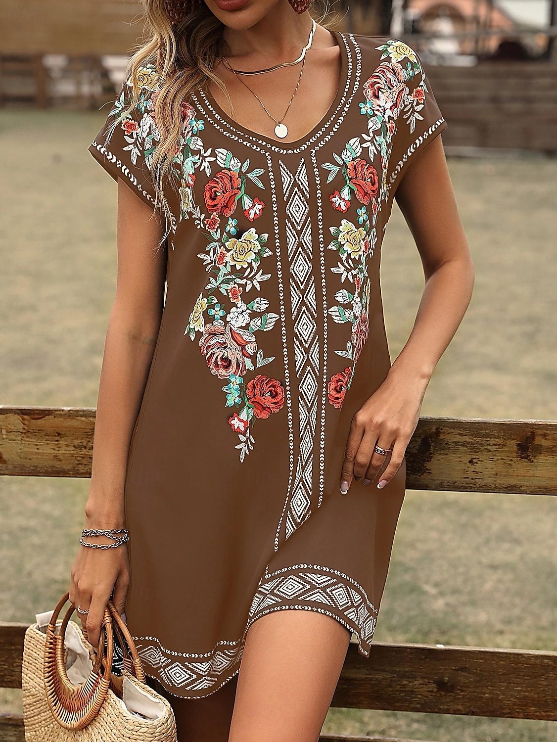 Pentru femei Rochie Mini Rochii Tricou Rochie de Vară Rochie de vară Vacanță Casual Boho Zilnic Ieșire Fit regulat Floral Grafic Manșon scurt În V Negru Roșu Vin Albastru piscină Maro Vară 2025 - $23.99 –P8