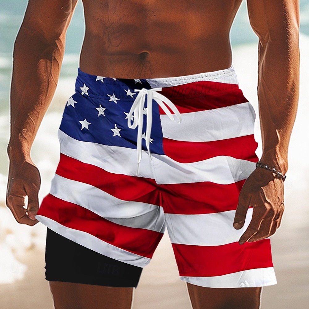 2025年 アメリカ独立記念日 男性用 米国旗 愛国 裏地付きショートパンツ 2 in 1 スイムショーツ スイムトランク ミディアムウエスト 祝日 サイドポケット コンプレッションライナー付き 伸縮性のあるドローストリングウエスト デザイナー 衣類 コレクション – $21.99 –P1