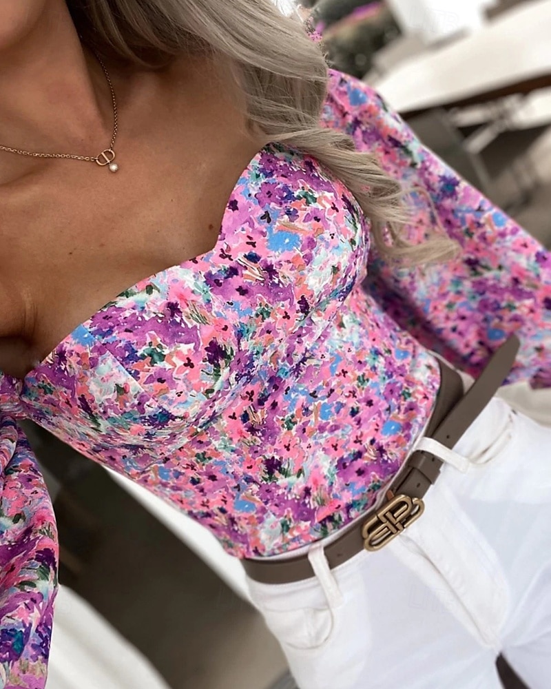 Damen Boho-Hemd Bluse Blume Modern Boho Langarm Schulterfrei Normale Oberteile Täglich Ausgehen Druck Erröten Sie Rosa Rosa Wein Rote Purpur Sommer 2025 - $21.99 –P7
