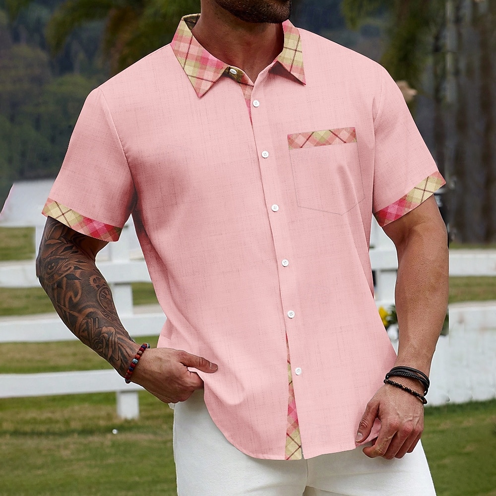 Herren Geometrisch Schachbrett Karo / Karomuster Hemd Sommerhemd Knopfhemd Kurzarm Modisch lässig Urlaub Ferien Streetwear Sommer Umlegekragen 3D-Druck Eine Tasche vorne Leinenähnliches Hemd Rosa 2025 - $23.99 –P3