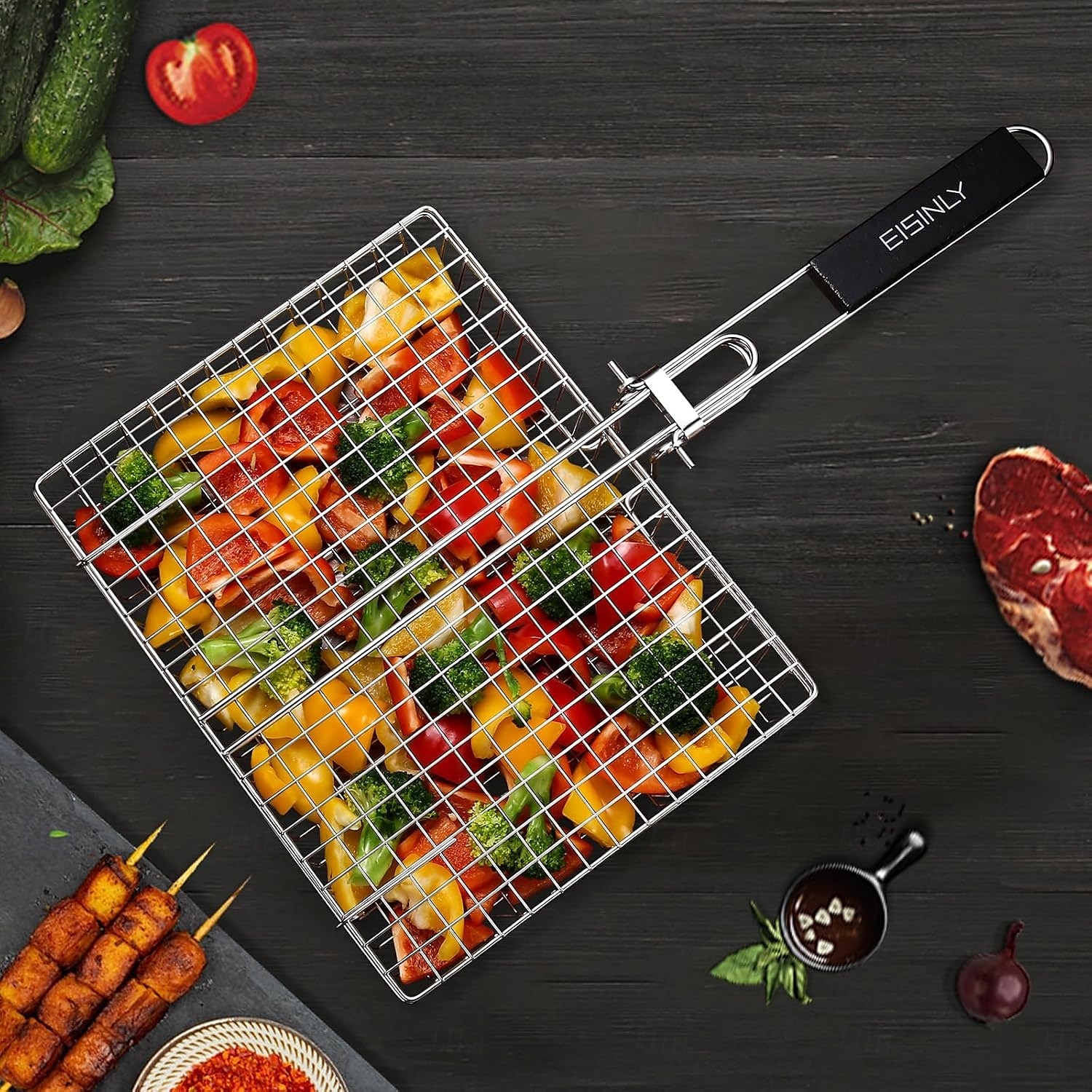 grill grill grill kosár fogantyúval rozsdamentes acél grill kosár kültéri kemping grill állvány halaknak, garnéláknak, zöldségeknek 2025 - $16.99 –P3
