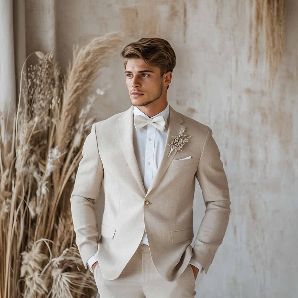 Herren Hochzeit Leinenanzüge Gekerbtes Revers Beige Leicht Lässig Einfarbig Standard Passform 2-teilig Einreiher - 1 Knopf 2025 - $125.99 –P2