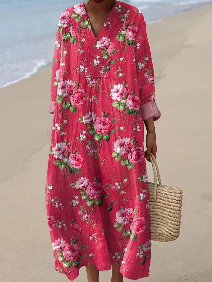 Women's Midi Dress Sundress A Line Dress Vacation Casual Boho Party Going out Beach Floral Graphic Long Sleeve V Neck Gray Green Dark Pink off-white Pink / White Summer Spring 2025 - $35.99 –P2