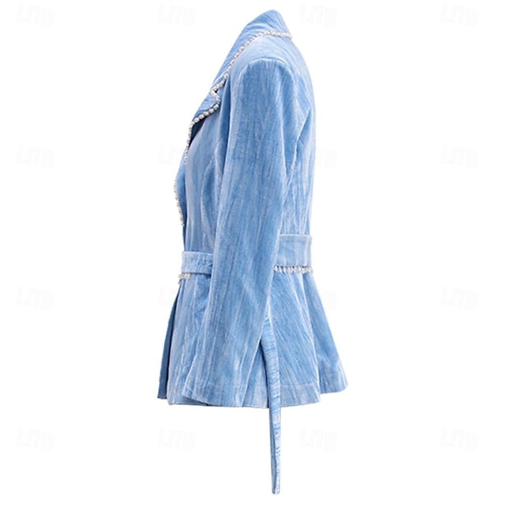 Blue Velvet Pantsuit Mother of the Bride Suit Elegant Minimalist Notched Lapel Floor Length Long Sleeve with Pearls 2025 - $129.99 –P11