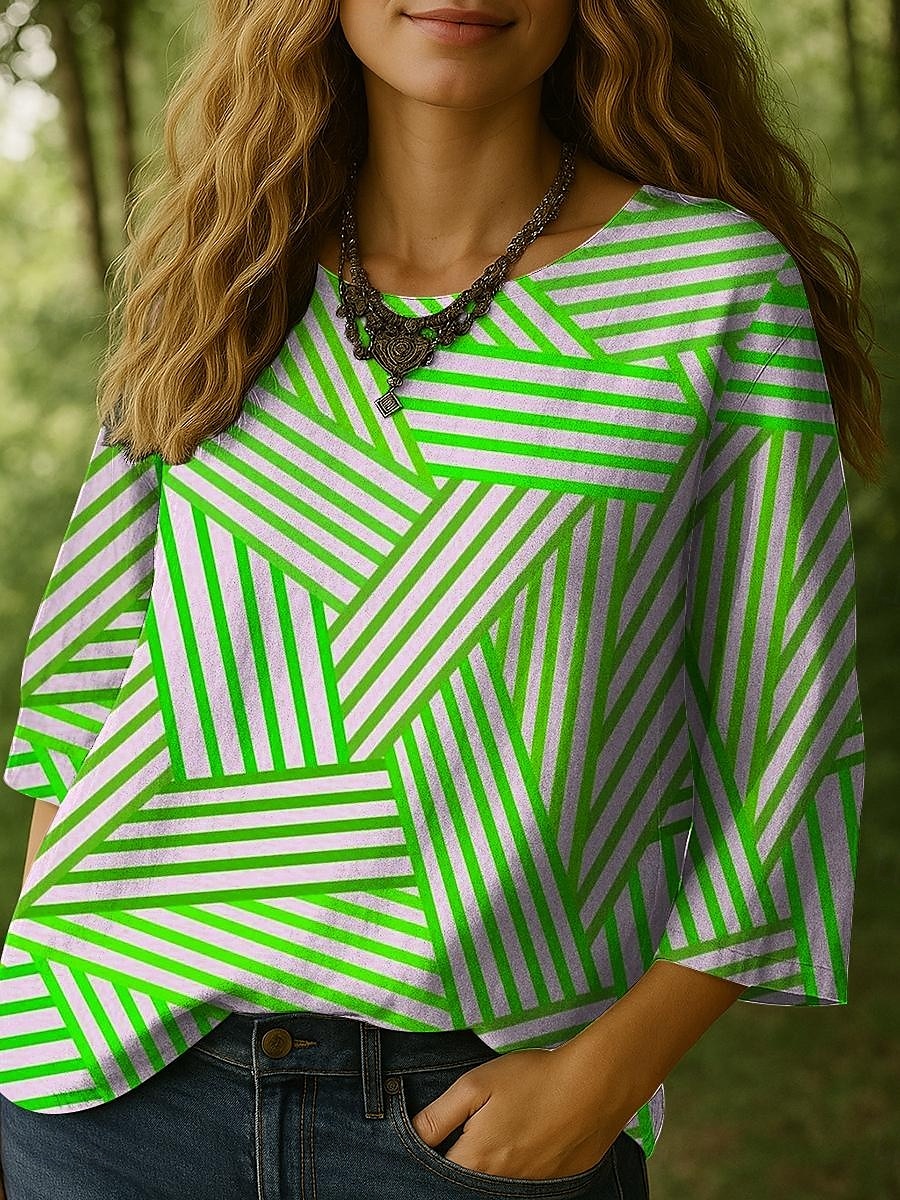 Dame Bluse Grafisk Stripet Bohem Årgang 3/4 ermer Crew-hals Vanlige topper Daglig Ferie Trykt mønster Blå Lilla Grønn Sommer Vår 2025 - $27.99 –P5