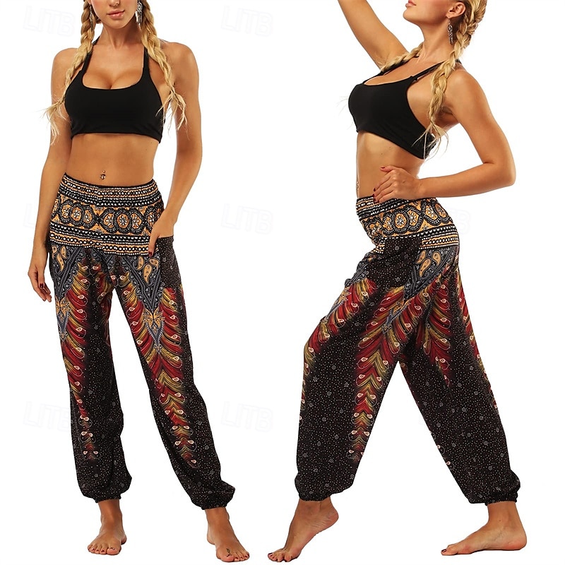 Retro Antiguo Boho Años 70 Pantalones Harem Pantalones de yoga Hippie Cintura elástica Pavo real Plumas Mujer Víspera de Todos los Santos Carnaval vacaciones en la playa Fiesta temática retro Festival 2025 - $27.99 –P17