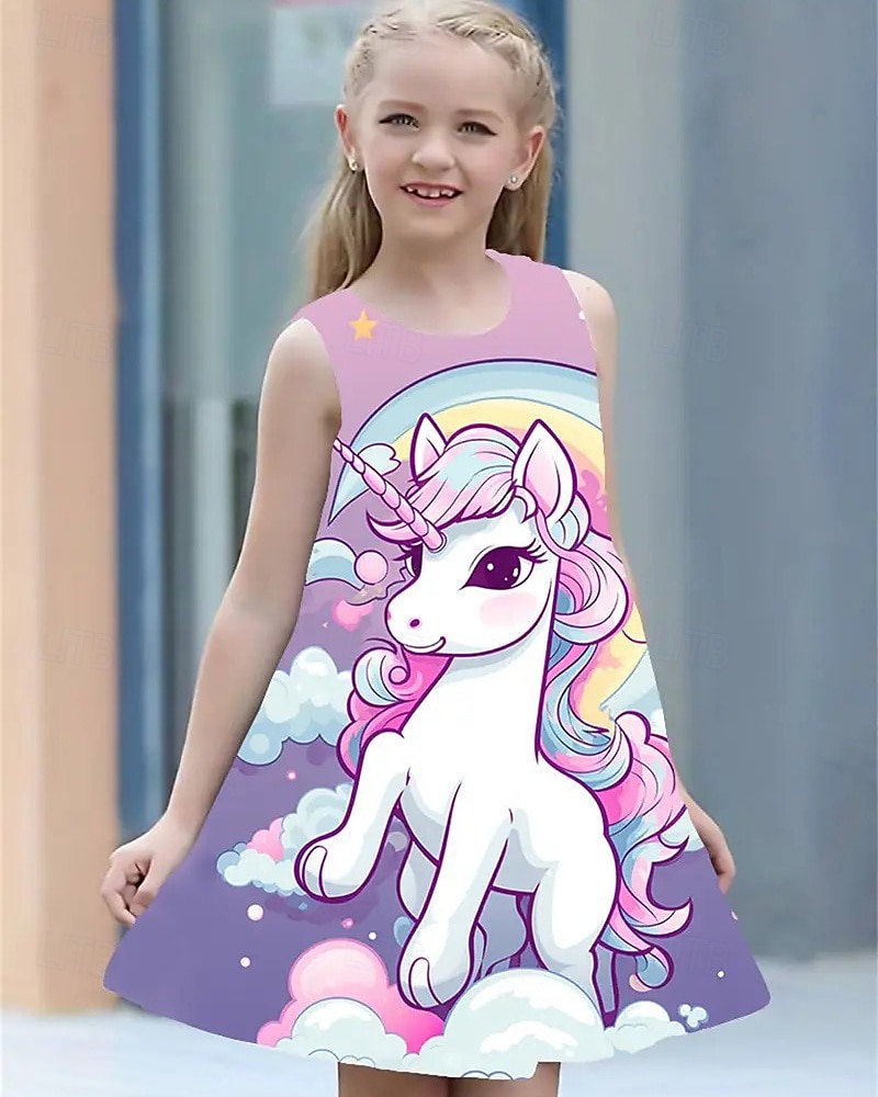 Girls' 3D Unicorn Dress Sleeveless Summer Spring Vacation Daily Holiday Princess Beautiful Sweet Kids 4-12 Years Casual Dress A Line Dress Knee-length Regular Fit 2025 - $13.99 –P3