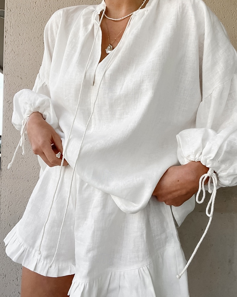 Femmes Actif Chemises en coton et lin Chemisier Ensembles de Shorts manche longue Col en V Couleur Unie Froncé Décontracté Quotidien Week-end Noir Blanche Rose Claire Été Coupe régulière de 2025 ? $24.99 –P2