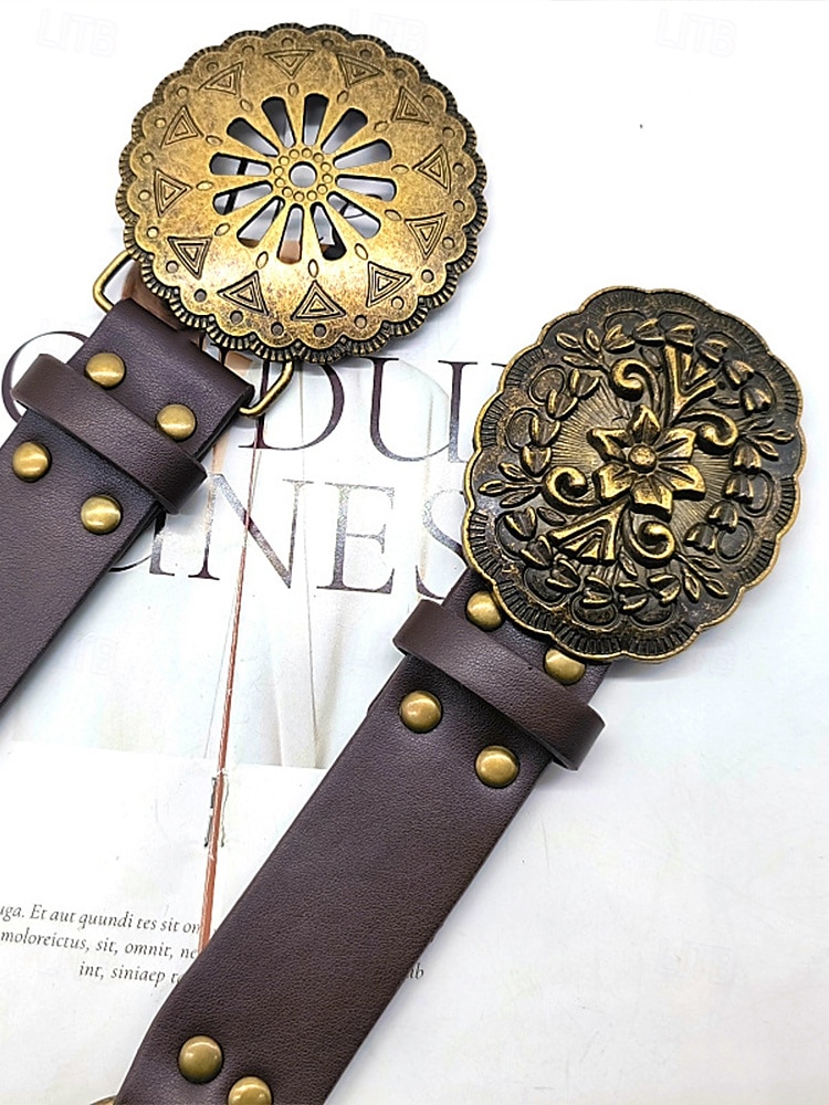 Women's Bohemian Western cowboy style belt with antique brass flower buckle, Adjustable tightness, Suitable for retro fashion, Casual or festival wear 2025 - $14.99 –P11