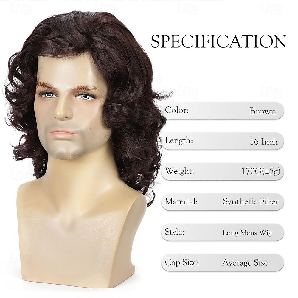 Men's Brown Wig Natural Wavy Curly Long Hair Wig Men 70s 80s Rocker Cosplay Synthetic Wigs for Halloween Costume Accessory 2026 - $25.99 –P2