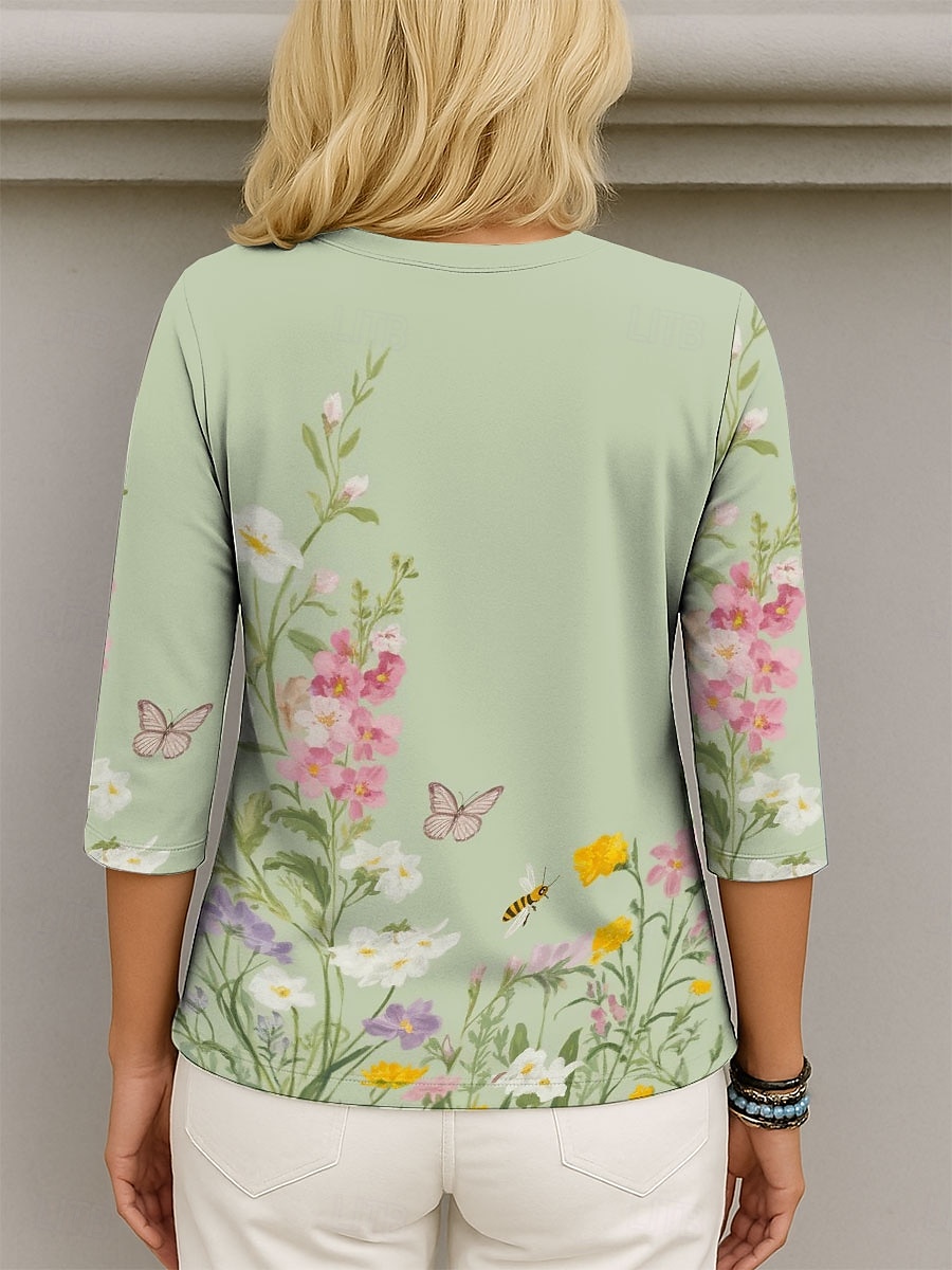 Pentru femei Bluză Floral Grafic Elegant Stilat Casual Lungime Manșon 3/4 În V Topuri obișnuite Zilnic Concediu Ieșire Imprimeu Trifoi Vară Primăvară 2025 - $25.99 –P2