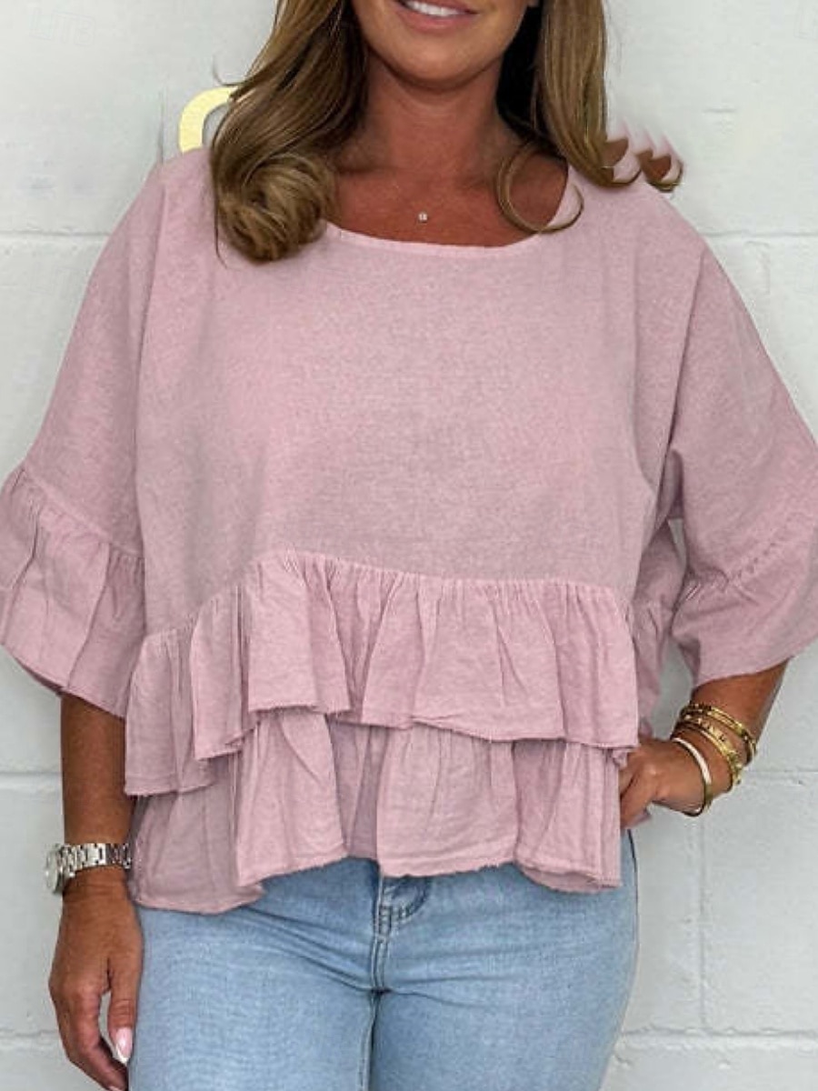 Dame Bluse Helfarge Stilfull Fritid 3/4 ermer Crew-hals Vanlige topper Daglig Drapering Svart Hvit Rosa Grønn Sommer Vår 2025 - $28.99 –P3