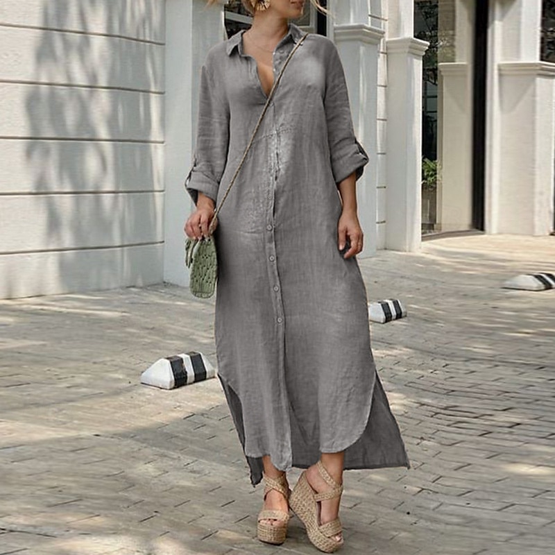 Per donna Abito Midi Abito Camicia Abito in cotone e lino Classico Moderno All'aperto Uscire Weekend Vestibilità regolare Semplice Manica Lunga Colletto a Camicia Bianco Blu marino Marrone Grigio del 2025 a $32.99 –P4