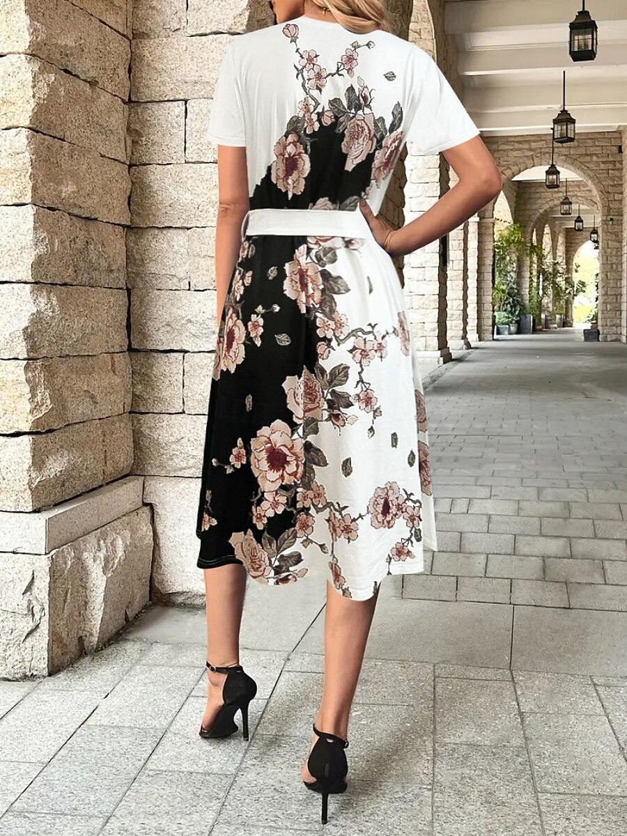 Női Midi ruha A vonalú ruha Bodycon ruha Szabadság Iroda Normál Virágos Grafika Rövid ujjú Terített nyak Fehér Nyár 2025 - $29.99 –P4