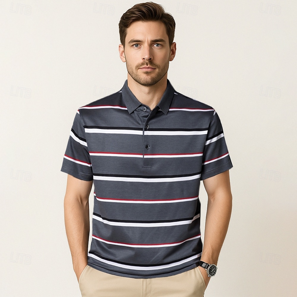 Herren Poloshirt aus Seide, Baumwolle und Lyocell, formelle Arbeit, Turndown, kurze Ärmel, Basic, formal, gestreift, Streifendruck, Sommer, normale Passform, schwarz-grün 2025 - $57.99 –P10