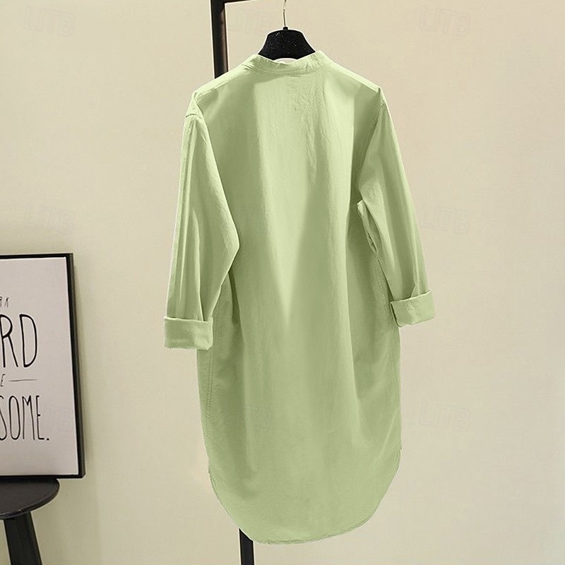 Mujer Camisa Camisas de algodón y lino Blusa Plano Moderno Casual Manga Larga Escote en Pico Tops largos Festivos Noche Botones Bolsillo Blanco Amarillo Rosa Verde Trébol Verano 2025 - $28.99 –P7